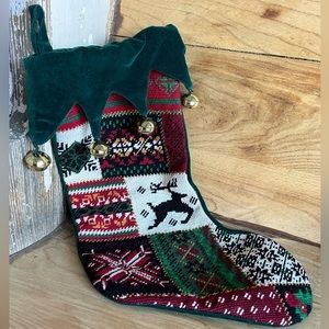 Vintage Needlepoint Reindeer Argyle Jester Green Velvet Back‎ Christmas Stocking